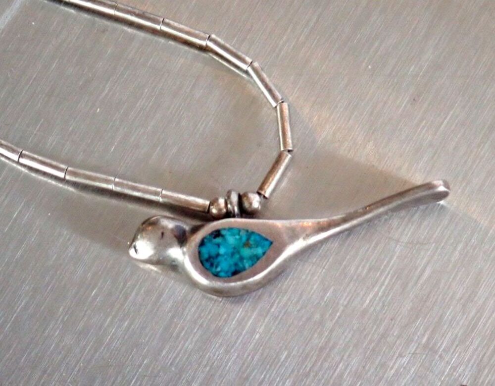 Zuni Native American Sterling Silver Turquoise Chip Bird Pendant Necklace 15" - Picture 10 of 16